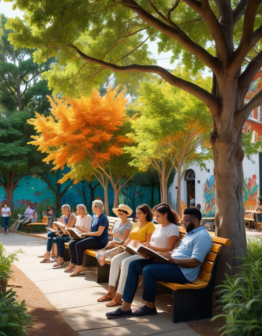 A lively community scene showcasing a diverse group of people engaging in various activities such as reading, discussing, and enjoying nature. The background features colorful murals and trees that symbolize growth and connection. Bright banners with the words 'Stay Informed and Involved' flutter in the breeze, inviting participation. Emphasize a sense of vibrancy and inclusion. super-realistic. vibrant colors. 3D.
