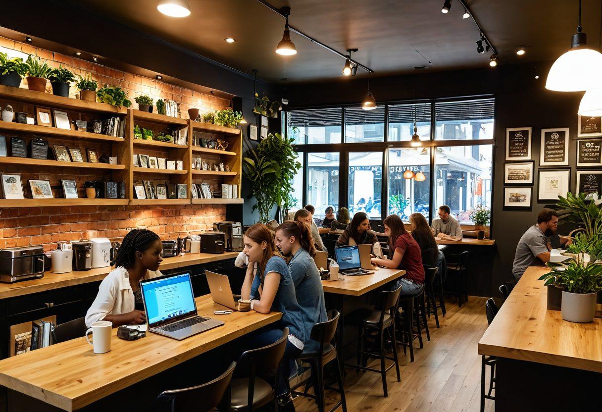 A modern, inviting coffee shop scene filled with diverse groups of people engaged in lively discussions, laptops open with articles visible on screens, and steaming mugs. Bright posters of trending topics hanging on walls, a cozy atmosphere with plants and bookshelves, conveying a sense of community and intellectual engagement. super-realistic. vibrant colors. cozy ambiance.